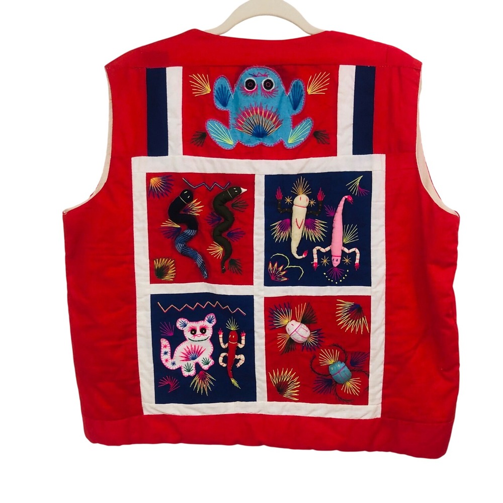 Vintage 70s Chinese Folk Art "Bai Jia Bei" Applique Quilted Vest Streetwear L XL